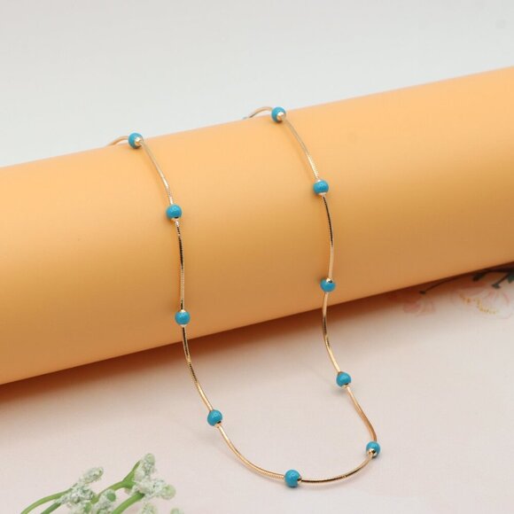 Rose Gold Chain Necklace with Blue Beads Elegant Style, XPNL0256 - Picture 7 of 12